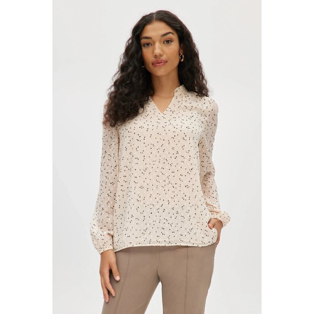 NEW Hilary Radley Women's XXL Sheer Beige Polka Dot Blouse With Long Sleeves
